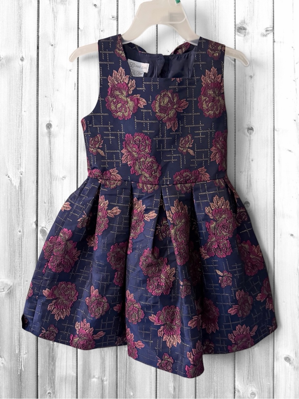🌼Bonnie Jean Navy Floral Jacquard Party Dress with Pink Accents